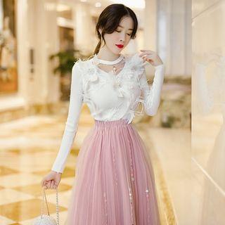 Long-sleeve Knit Panel Embellished Mesh Midi Dress