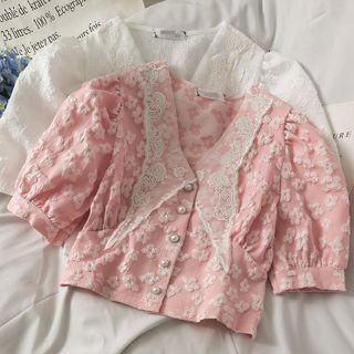 Embossed Lace-collar Crop Shirt