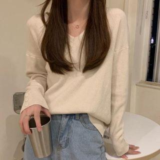 Long-sleeve V-neck Plain Loose Fit Knit Top