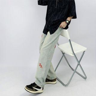 Mid Rise Letter Embroidered Straight Leg Jeans