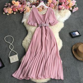 Short-sleeve Belted Pleated Midi A-line Dress