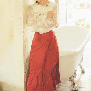 Set: Lace Panel Blouse + Ruffle Hem Midi Pencil Skirt