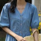 Puff-sleeve V-neck Denim Midi A-line Dress Denim Blue - One Size