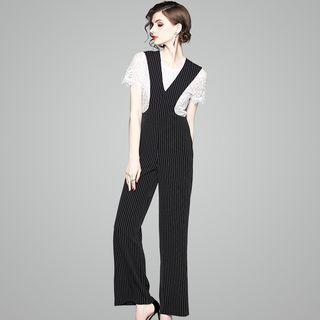 Set: Lace Short-sleeve Top + Striped Wide-leg Jumper Pants