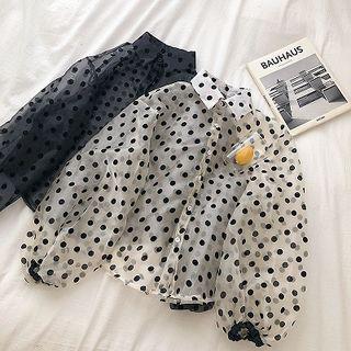 Polka Dot Single-breasted Mesh Puff-sleeve Blouse