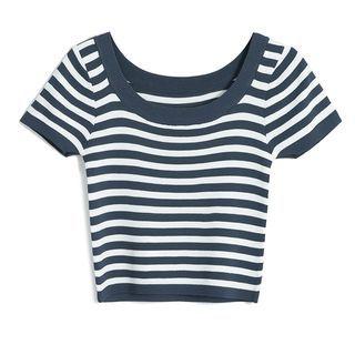 U-neck Short-sleeve Striped Knit Top