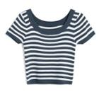 U-neck Short-sleeve Striped Knit Top