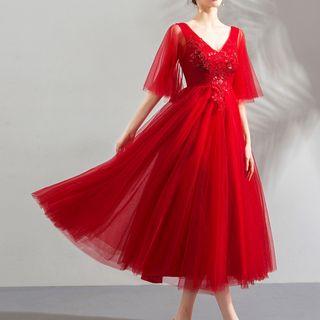 Flutter-sleeve A-line Midi Evening Dress