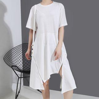 Short-sleeve Zip Irregular Hem Midi A-line Dress