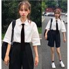 Pocketed Elbow-sleeve Shirt / High Waist Shorts / Crew-neck Tank Top