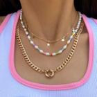 Set Of 3: Chain Necklace + Beaded Necklace Set Of 3 Pcs - Pink & White & Gold - One Size