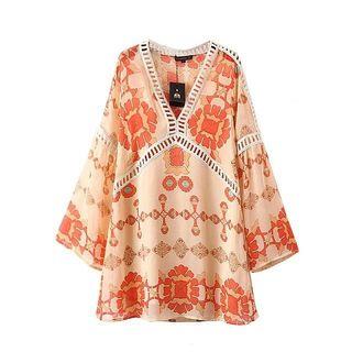 Flare-sleeve Paneled Printed Dress