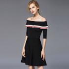 Off-shoulder Contrast Stripe Knit A-line Dress
