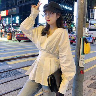 V-neck Gathered Waist Blouse White - One Size