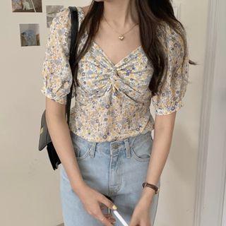Floral Twist Short-sleeve Blouse As Shown In Figure - One Size