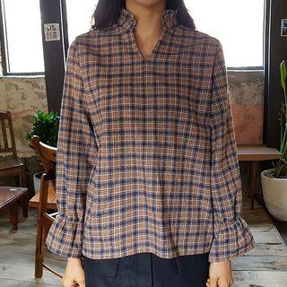 Frill-trim Tie-neck Plaid Top
