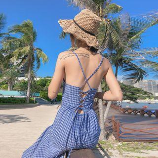 Check Lace-up Slim-fit Sleeveless Dress
