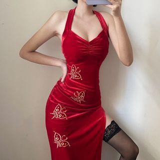 Butterfly Embroidered Slit Velvet Dress