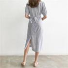 Tie-waist Linen Blend Stripe Midi Dress