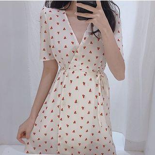 Printed V-neck Short-sleeve Dress As Shown In Figure - One Size