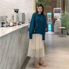 Plain Sweater / Sheer Panel Midi Skirt