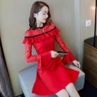 Long-sleeve Lace Panel Ruffle-trim Mini A-line Dress
