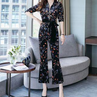 3/4-sleeve Floral Print Cropped Jumpsuit