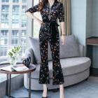 3/4-sleeve Floral Print Cropped Jumpsuit