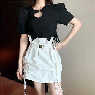 Short-sleeve Cutout Cropped T-shirt / High-waist Drawstring Mini A-line Skirt