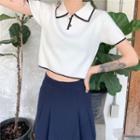 Short-sleeve Contrast Trim Cropped Polo Knit Top White - One Size