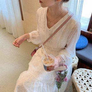 Long-sleeve Lace Trim Midi A-line Dress / Vest / Set