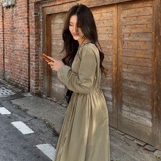 Drawstring Zip-up Maxi Dress Khaki - One Size