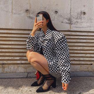 Gingham Cropped Trucker Jacket White & Black - One Size