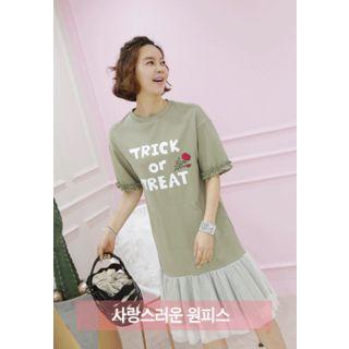 Tulle-hem Lettering T-shirt Dress