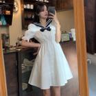 Two Tone Bow Button-up Puff-sleeve A-line Mini Dress White - One Size