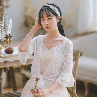 Eyelet Lace Elbow-sleeve Open Front Jacket