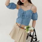 Lace Up Denim Corset Top With Sleeve