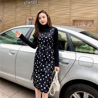 Set: Long-sleeve Turtleneck Top + Sleeveless Dotted Dress