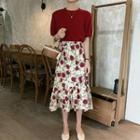 Band-waist Floral Print Long Skirt Ivory - One Size