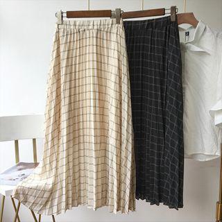 Plaid Accordion Pleat Midi A-line Skirt