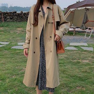 Double-breasted Midi Trench Coat / Floral Print Long-sleeve Midi A-line Dress