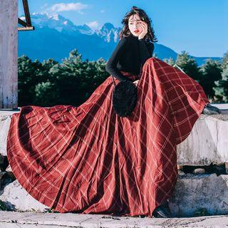 Set: Mock-neck Sweater + Plaid Maxi A-line Skirt