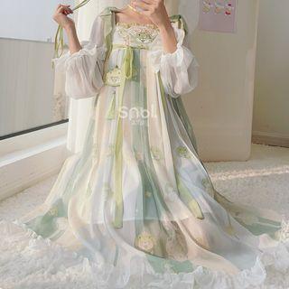 Puff-sleeve Ruffle Trim Striped A-line Dress