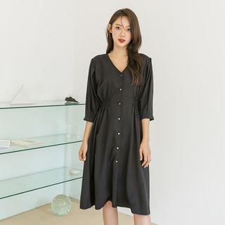 Buttoned Pleated-sleeve Smocked-waist Midi Dress