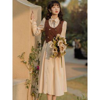 Set: Lace Up Double-breasted Vest + Long-sleeve Midi Collared Dress