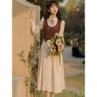 Set: Lace Up Double-breasted Vest + Long-sleeve Midi Collared Dress