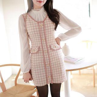 Sleeveless Fringe-trim Checked Minidress