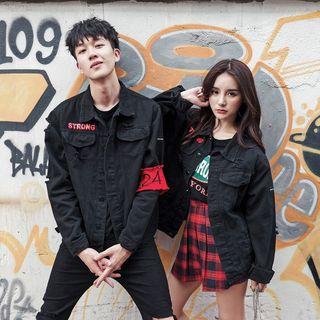 Couple Matching Slashed Printed Denim Jacket