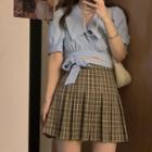 Short-sleeve Cropped Shirt / Plaid Pleated Skirt