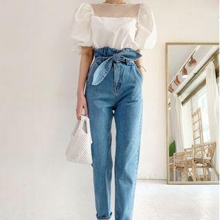 Dotted Mesh Panel Puff-sleeve Blouse